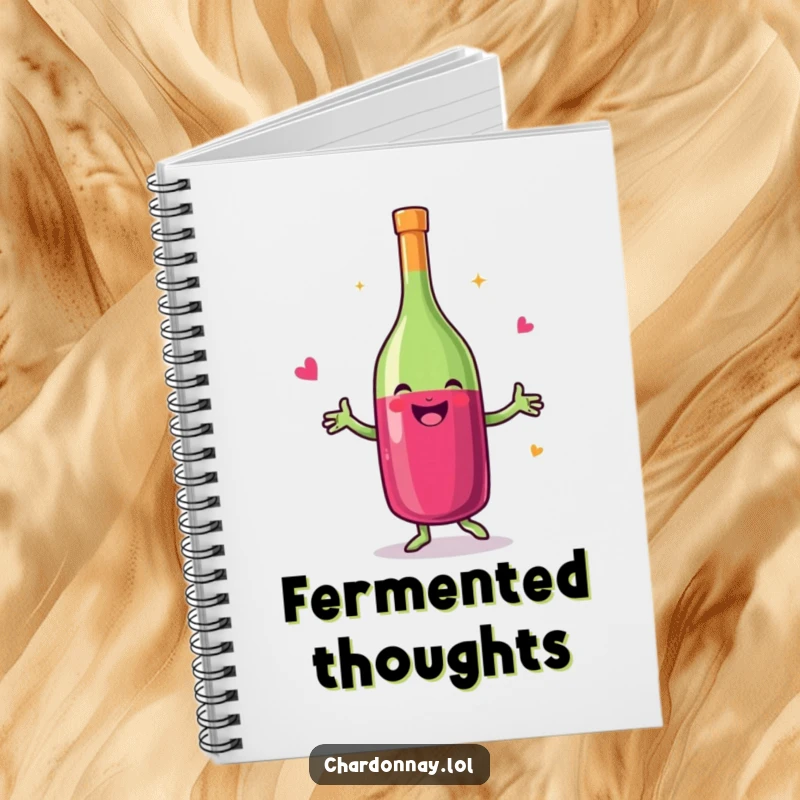 Funny notebook featuring a smiling wine bottle dancing, perfect for jotting down wine notes, recipes, or funny observations.