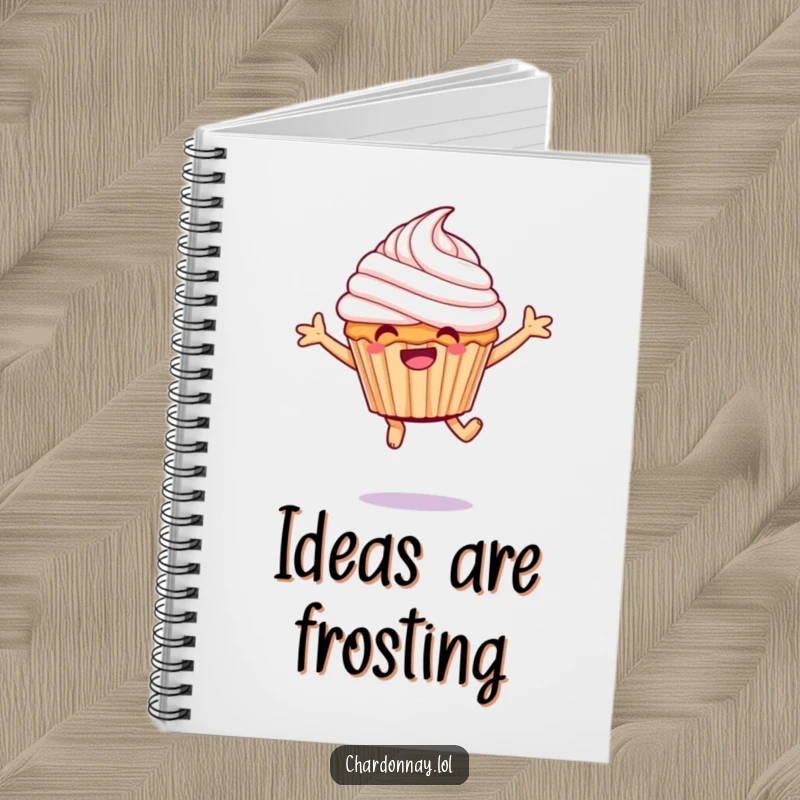 Funny giggling cupcake notebook, a joyful, frosted character leaping, perfect for jotting down hilarious ideas.