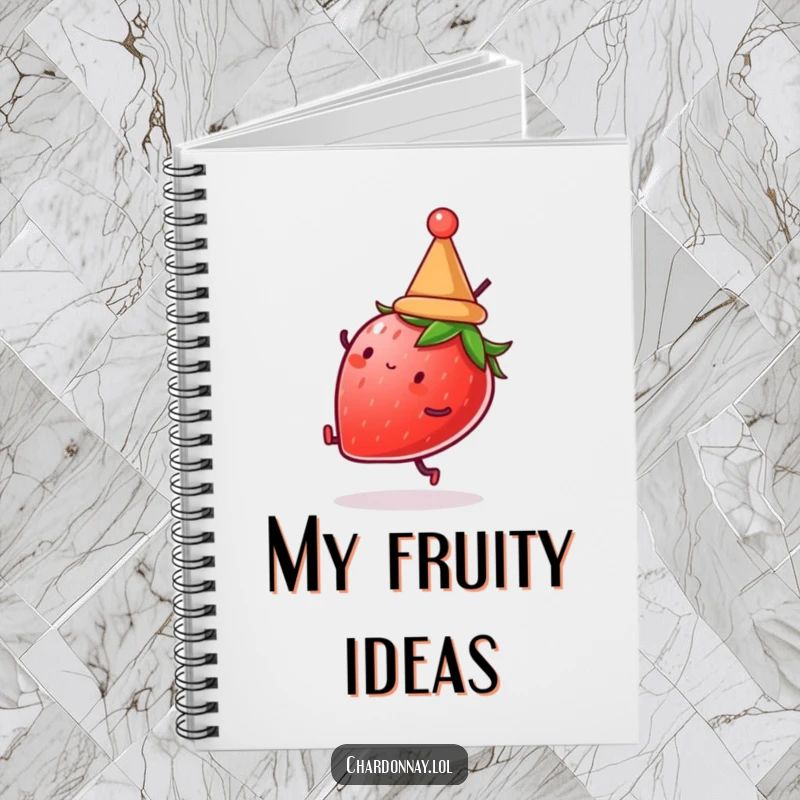 Funny notebook with a strawberry in a hat doing a cartwheel. Perfect for journaling, note-taking, and doodling with fruity humor.