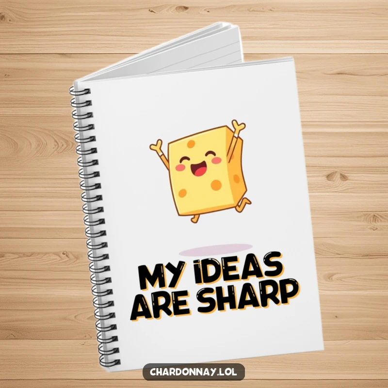 Funny notebook with a cheerful block of cheese leaping joyfully, designed for jotting down hilarious notes and brilliant ideas with dairy flair.