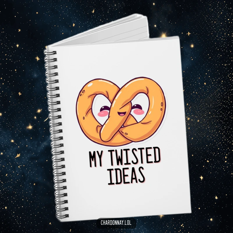 Funny notebook with a pretzel twisting into a funny shape. Perfect for journaling, recipe ideas, and doodling with snack humor.