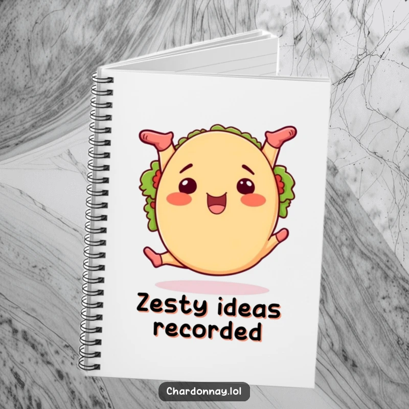 Funny taco splits notebook, the cover features a happy cartoon taco doing the splits with enthusiasm and flair.
