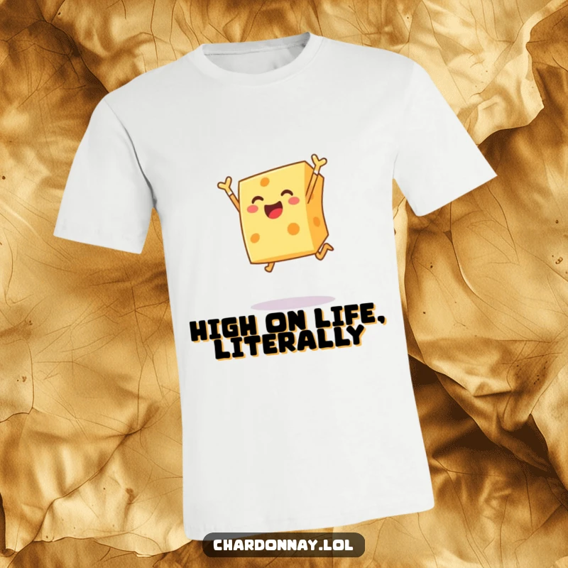 Funny t-shirt depicting a cheerful block of cheese leaping joyfully into the air, showcasing hilarious food-based fun and dairy delight.