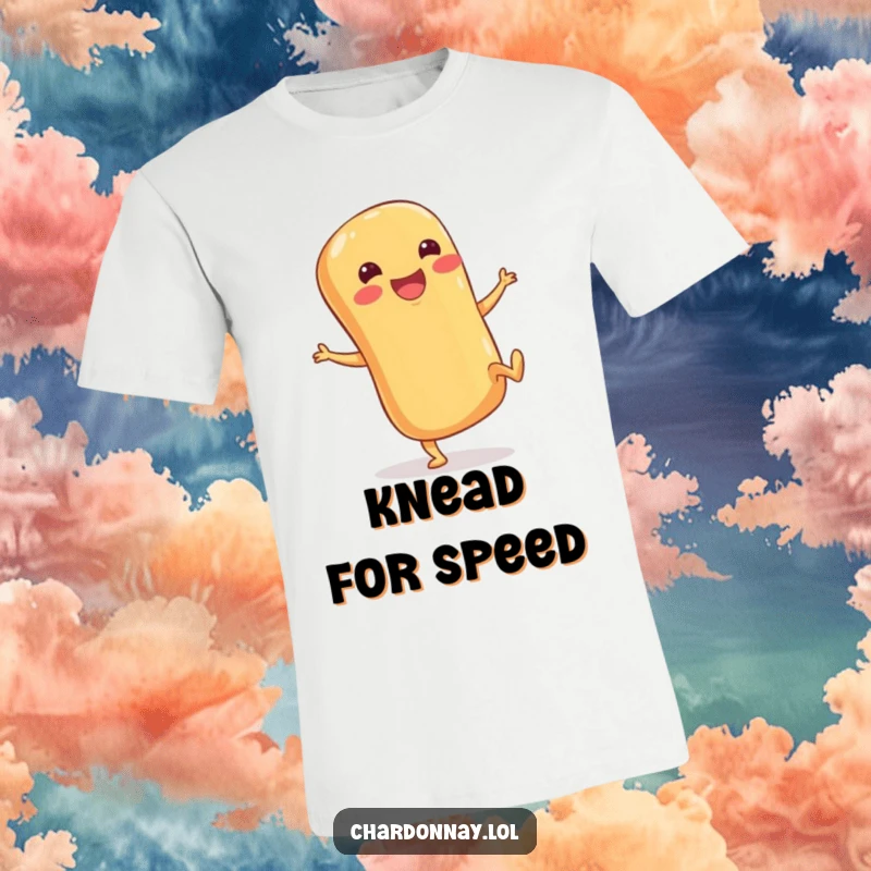 Funny t-shirt showcasing a happy baguette with stubby legs gleefully kicking its heels up, radiating pure joy and doughy delight.