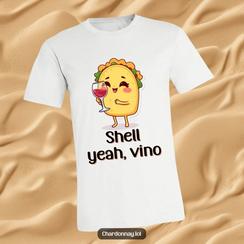 Funny t-shirt with a taco character winking mischievously while balancing a small wine glass, embodying festive fun.