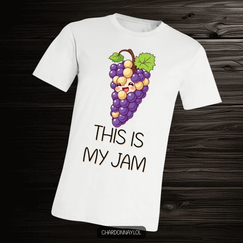 Funny t-shirt with a giggling bunch of grapes sliding down a bottle. Perfect for wine tasting events and casual wear.