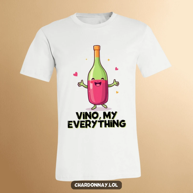 Funny t-shirt depicting a smiling wine bottle in a jubilant happy dance, perfect for wine connoisseurs who appreciate humor.