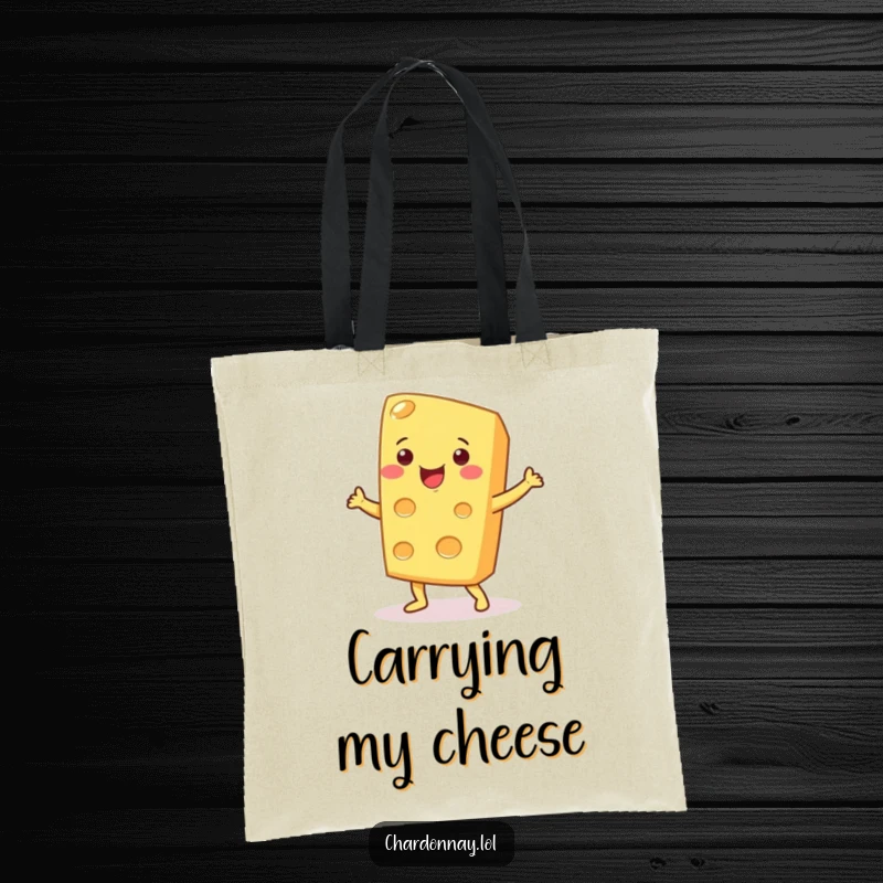 Funny tote bag depicting a smiling cheese wedge doing a dance. Perfect for groceries and daily errands with cheesy humor.
