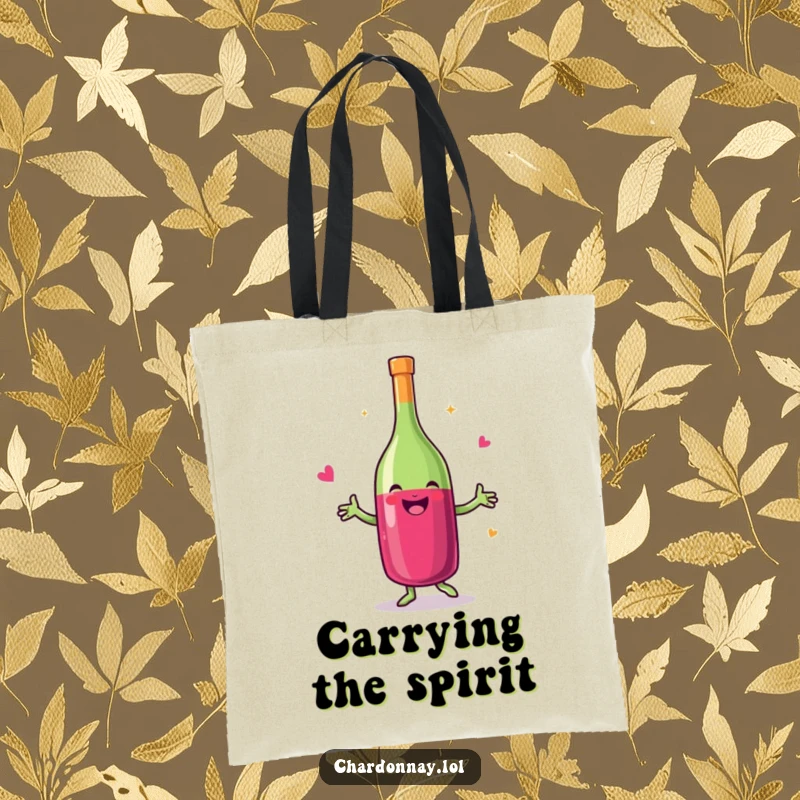 Funny tote bag showcasing a smiling wine bottle in a happy dance, ideal for carrying groceries or your favorite bottle.