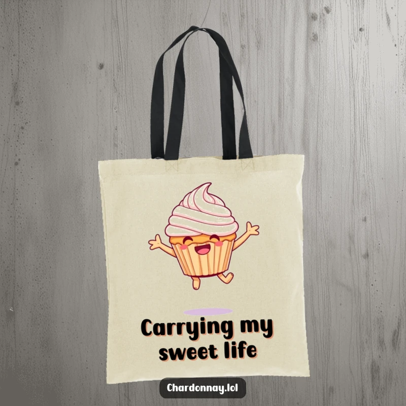 Funny giggling cupcake tote bag, a joyful, frosted character taking a hilarious leap, perfect for carrying treats.