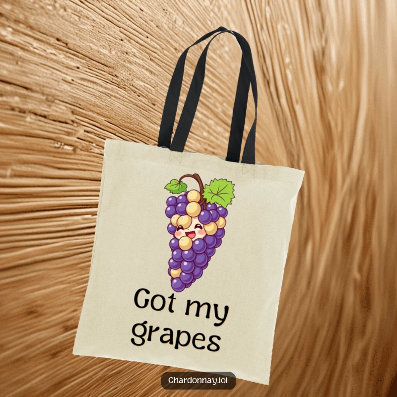 Funny tote bag depicting giggling grapes sliding down a bottle. Perfect for shopping and carrying wine accessories with humor.