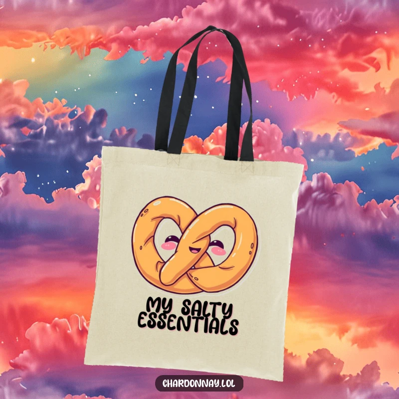 Funny tote bag depicting a pretzel twisting into a humorous shape. Perfect for groceries and daily errands with snack humor.