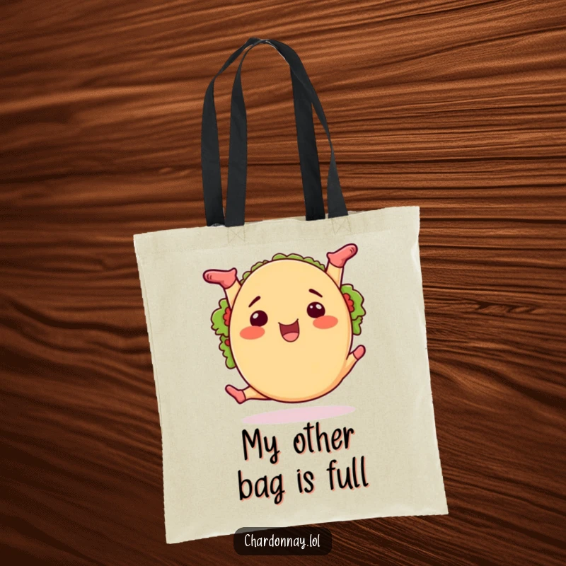 Funny taco splits tote bag, a cartoon taco in a dynamic split pose, showing off its flexibility with a grin.